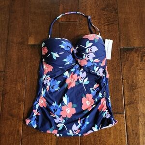 NWT Liz Claiborne Navy Floral Twist-Front Tankini Top